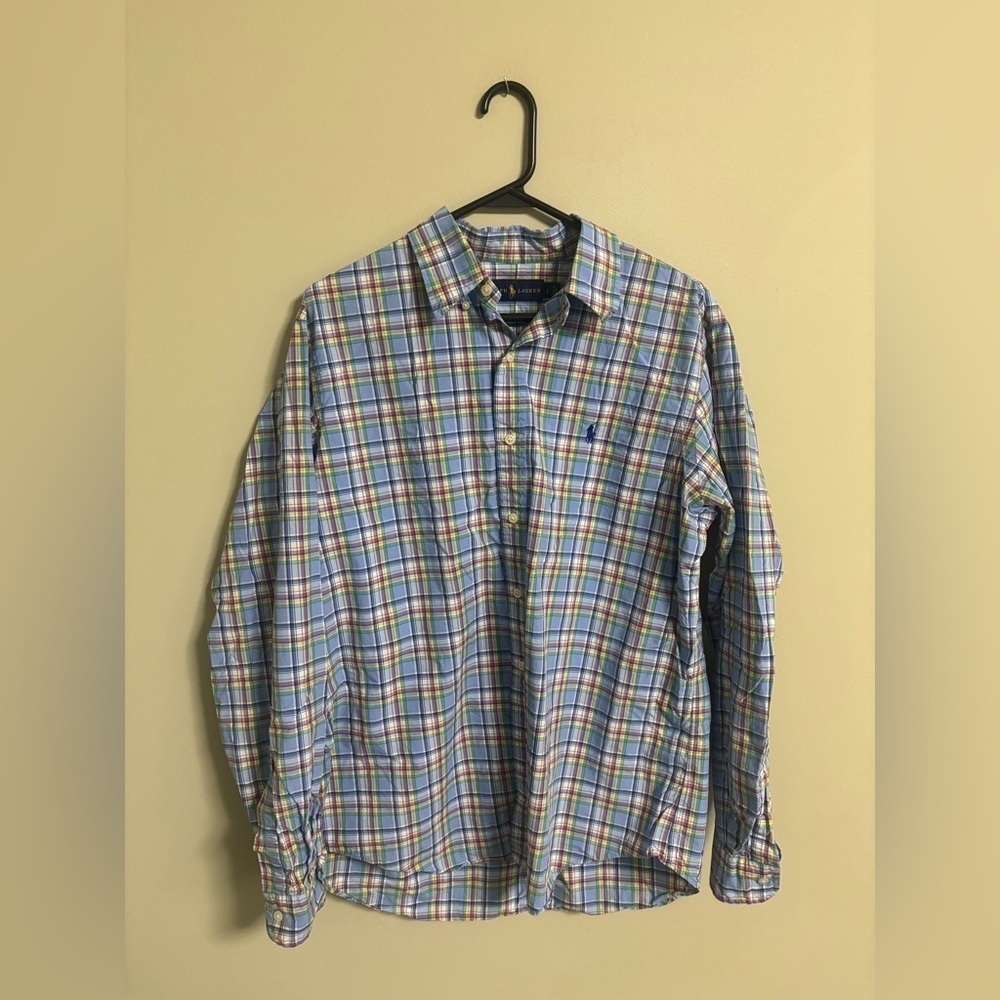 Ralph Lauren Plaid Madras Button Up Shirt Blue Long Sleeve Size Large Cotton